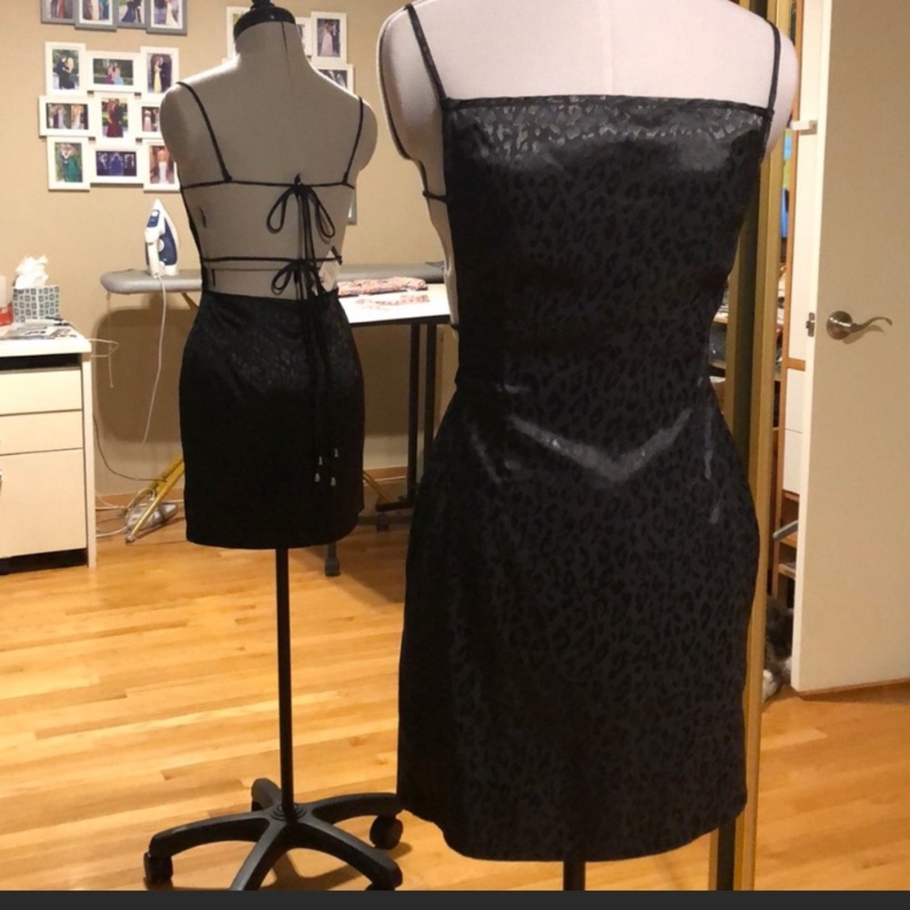Black Leopard Satin Open Back Dress